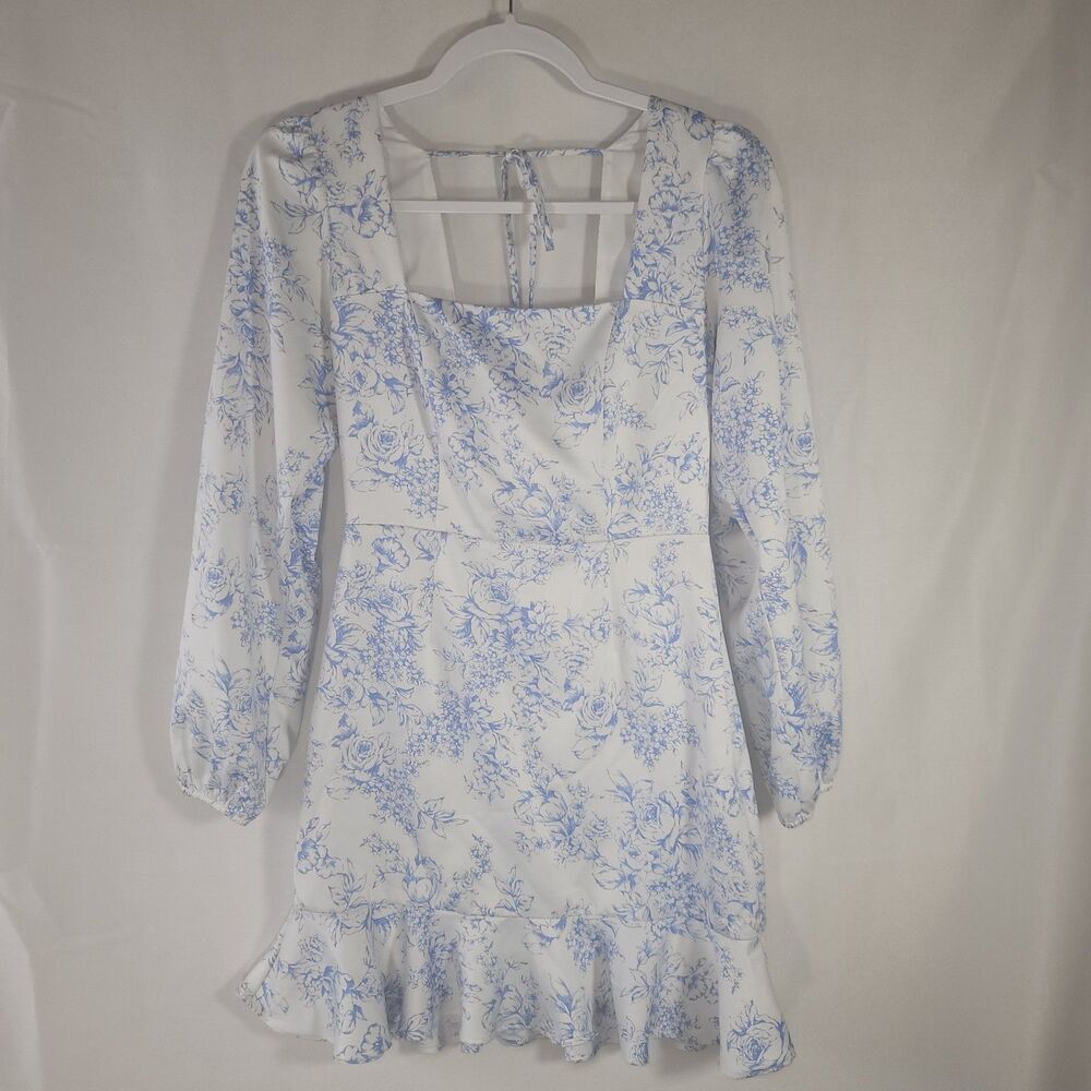 Forever 21 Blue White Floral Mini Dress Square Neck Tie Back Long Sleeve Size M